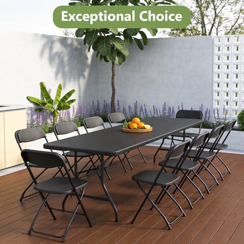8FT Folding Table, Heavy Duty Plastic Fold-in-Half Utility Table with Handle, Portable Camping Picnic Table with Steel Legs for Indoor Outdoor Party, Dining, BrownBlack - color: Black, size: 8FT