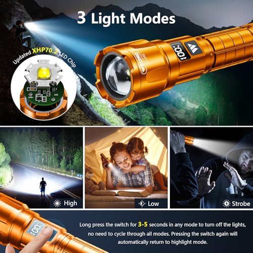 Wdtpro LED Rechargeable Flashlight 2 Pack, 3 Modes Super Bright High Lumens Flashlights, Zoomable Tactical Flash Light with LCD Display, IP65 Waterproof Flashlights for Home Emergency Camping - Orange - color: Orange