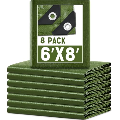 8 Pack 6 x 8 ft 5.5 Mil Large Tarps Heavy Duty Waterproof Tarp Multi Purpose Tent Cover for Home Boats Cars Camping Patio Furniture Roof Emergency Rain Protective Cover, Army Green - color: Army Green, size: 6 x 8 ft