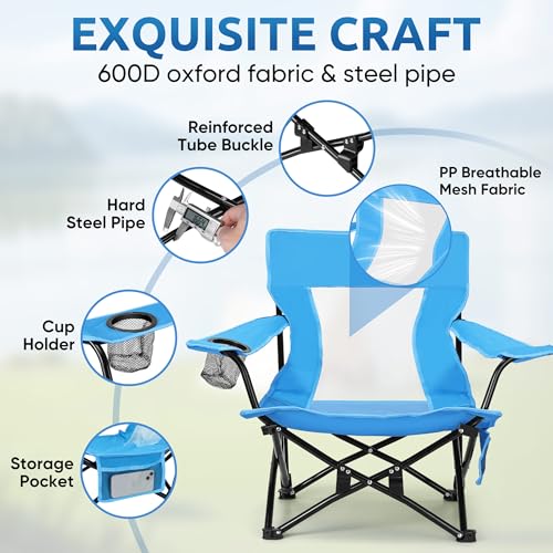 HaSteeL Folding Beach Chair Set of 2, Foldable Blue Camping Chairs for Outside, Low Beach Chair Portable for Adults Fishing, Picnic, Outdoor BBQ, Travel, Sports, Cup Holder & Storage Bag - color: Blue Chairs