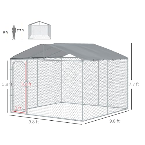 PawHut Outdoor Dog Kennel, Heavy Duty Dog Run Outdoor Fence with Waterproof Cover, Galvanized Chain Link, Secure Lock, 9.8' x 9.8' x 7.7' - size: 118.0"L x 118.0"W x 92.3"H