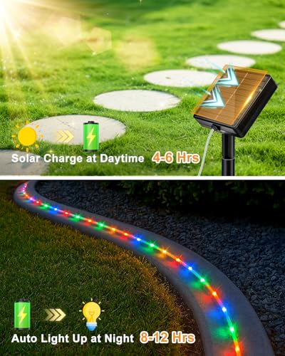 btfarm Solar Rope Lights Outdoor, 120LED 46FT Solar String Lights Outside Waterproof, 8 Lighting Modes Tree Tube Fairy Light Solar Powered for Garden Christmas Yard Party Decorations, Multicolor - color: Multicolor, size: 1 Pack