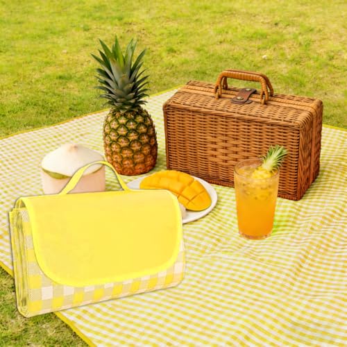 Extra Large Picnic Outdoor Blanket, 80''x60'' Waterproof Sand Beach Mat, Foldable Blankets Gingham Picnic Mat for Beach Camping Grass Lawn Park Hiking Travel Accessories Family Concerts(Yellow White) - color: Yellow, size: 80''x60''
