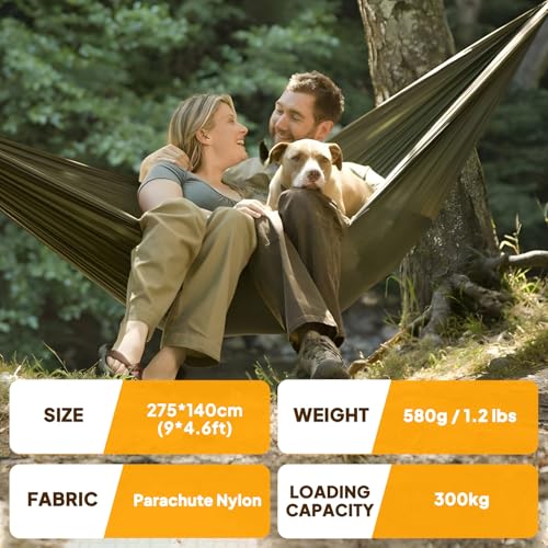 NATUREFUN Ultra-Light Travel Camping Hammock | 300kg Load Capacity,Breathable,Quick-Drying | 2 x Premium Carabiners,2 x Nylon Slings Included | Outdoor Indoor Garden - color: Army-green, size: 275x140cm