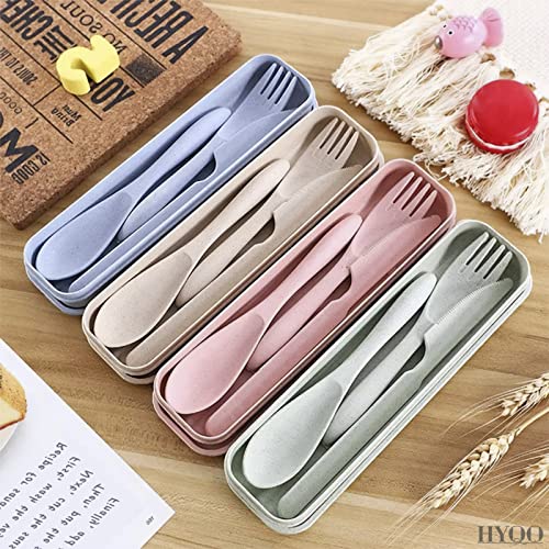 4 Sets Wheat Straw Travel Silverware with Case - Reusable Utensils Set with Case Forks and Spoons Silverware Set Lunch Box Accessories - Fork and Spoon Set Plastic Dinnerware Camping Tableware Set