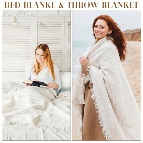Giant Beach Blanket with Fringe 91 x 71 Inch Waffle Woven Cotton Oversize Yarn Outdoor Picnic Blanket Bohemia Sandproof Beach Towel for Spring Summer Camping Accessories(Milky White)