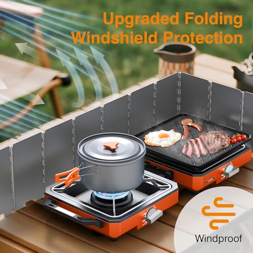 ODSD 2 Burner Camping Stove with Windshield, 20000 BTU Propane Camp Stove, Portable Folding Gas Stove, Camping Essentials Gear Includes Frying Pan, Coffee Stand & Carry Bag, Orange - color: Orange