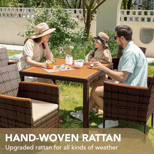Devoko 5 PCS Furniture, Patio Conversation Set with Acacia Wood Top, Rattan Outdoor Dining Table and Chairs for Backyard, Garden, Deck, Brown - color: Brown, style: 5 Piece Dining Set