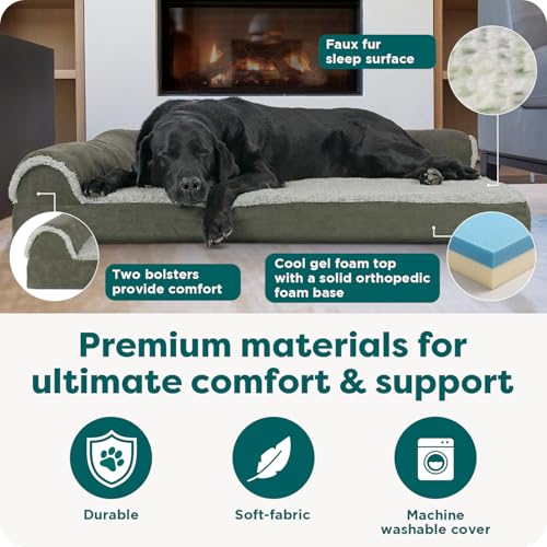 FurHaven Cooling Gel Dog Bed for Large Dogs, L-Shaped Chaise with Cool Gel-Top Foam with a Solid Orthopedic Foam Base for Joint Support, Washable Cover, Jumbo XL, Plush Faux Fur & Suede, Dark Sage - color: (Two-Tone Faux Fur & Suede) Dark Sage, size: Jumb