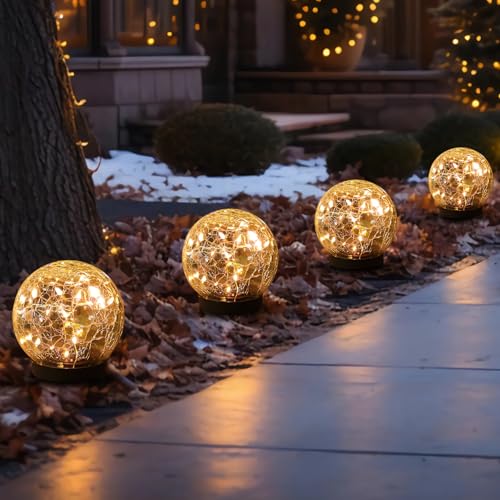 MLKNK Solar Globe Lights Outdoor Waterproof-Solar Balls-Solar Garden Lights-Orbs for Outside 4 Pack Cracked Glass Ball for Lawn Patio Yard Backyard Decorations - color: Warm White, size: 4 globes