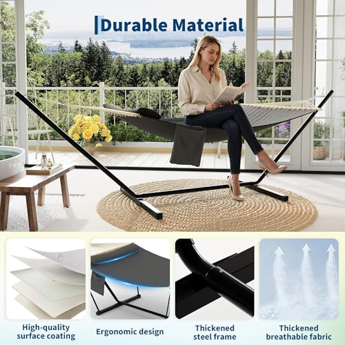 Double Hammock with Stand - Heavy Duty Portable 2 Person Design with Adjustable Steel Stand, Max 450LBS, Ideal for Outdoor Patio, Garden, Beach & Backyard - color: L-dark Grey