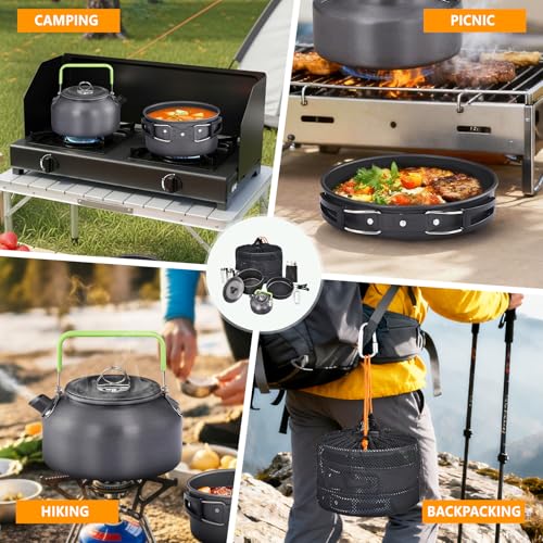 ROVSUN 34/10/6 pcs Camping Cookware Mess Kit, Lightweight Non-Stick Camping Cooking Pot and Pan Set with Stainless Steel Camping Gear Kettle Cup for Open Fire, Backpacking, Outdoor Cooking - style: 10 Pcs