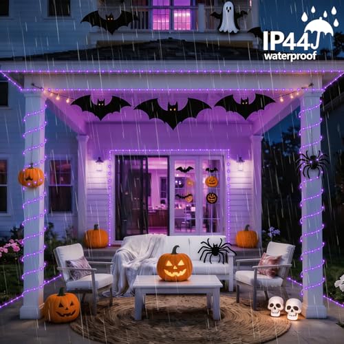 YEGUO Purple Solar Halloween Lights, 66ft 200 LED Solar Rope Lights Outdoor Waterproof, 8 Modes Fairy Lights in Clear Thin Tube - color: Purple