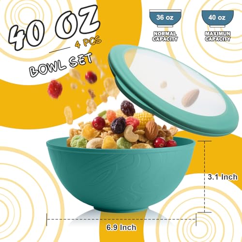40 OZ Wheat Straw Bowls with Lids Set, 4 PCS Unbreakable Salad Bowls with Lid, Alternative Plastic Food Containers with Lids for Lunch, Microwave & Dishwasher Safe Kitchen Bowl Set, Green - color: Green, size: 40 Oz With Lid
