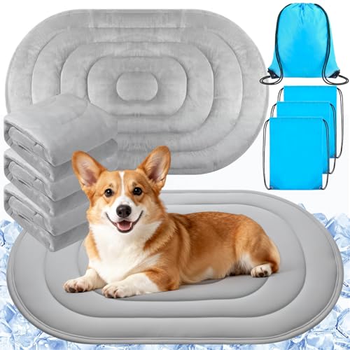 4 Pack 35" x 19" Cooling Mats for Pet Dog with Storage Bags - Reversible Ice Silk & Velvet Pad Washable Summer Comfort for Crate, Bed, Sofa, Car, and Outdoor Use