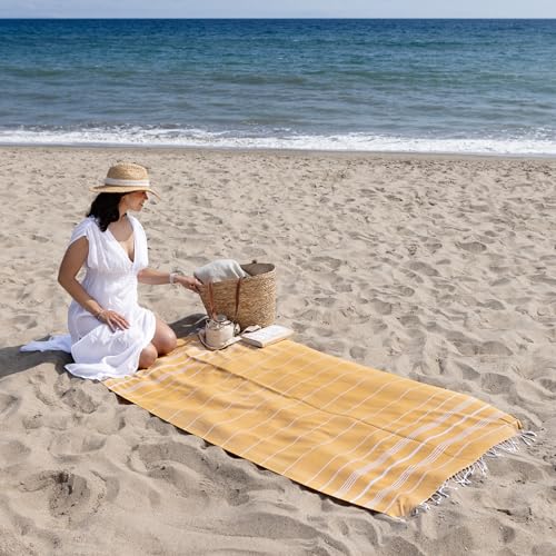 WETCAT Turkish Beach Towel Oversized (38"x71") 100% Turkish Cotton, Made in Turkey - Sand Free, Extra Large, Ultra Soft, Quick Drying, Compact & Lightweight for Travel - Honey Gold - color: Honey Gold, size: Beach Towel (38" x 71")