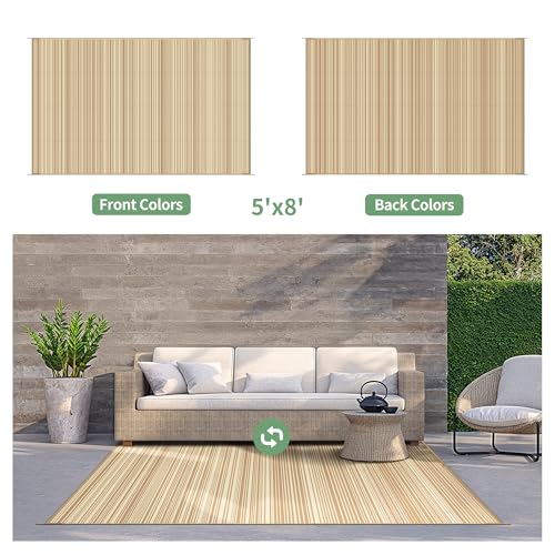 GENIMO Outdoor Rug 5x8 ft Waterproof, Reversible Plastic Straw Patio Rug for RV Camping Mat, Deck, Backyard Balcony Mat - Lightweight & Easy to Clean, CoffeeBeige - color: Coffeebeige, size: 5' x 8' (Rectangular)