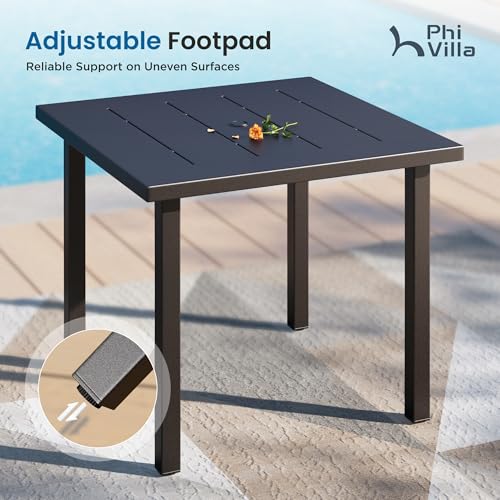 PHI VILLA 5 Piece Metal Outdoor Table and Chairs, 34.2" Metal Square Table with Umbrella Hole & Stackable Wrought Iron Chairs, All Weather Large Furniture Set for Patio, Deck, Backyard, Porch - Black - color: Hexagon Back Chair, size: 5pcs-34.2" Square Ta