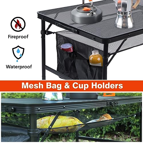 JOUYEK Folding Grill Table, 4x2 FT Portable Camping Table, Lightweight Height Adjustable Metal Tables with Mesh Desktop and Mesh Bag, Outdoor Tables for Camping, Picnic, Beach and BBQ, Black - style: 4x2 FT