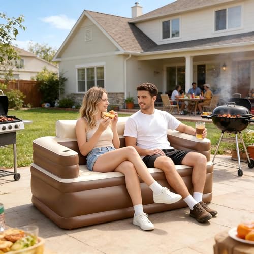 Inflatable Couch with Cup Holder, Velvety Blow Up Couch for Adults with Electric Pump, Air Sofa for Camping & Home, 60"x32"x34" - size: Large