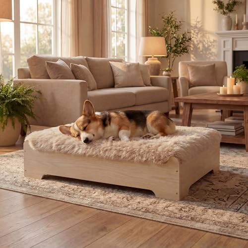 Elevated Wooden Dog Bed with Supportive Cushion & Washable Cover, Sturdy Noise-Free Frame, Modern Furniture-Style Design for Indoor Living Spaces, M Size for Medium Dogs, Natural Wood Finish - size: M_weight Up to 55 Lbs