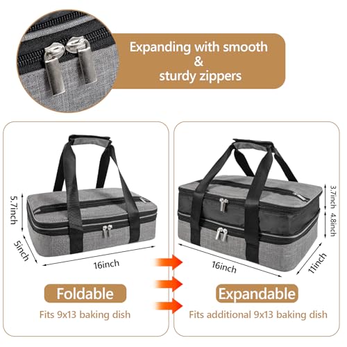 Insulated Casserole Carriers for Hot or Cold Food,Double Decker Casserole Dish Bag Carrying Case,Expandable Food Carrier Warmer Container Bag For Travel Picnic Cookouts.Fits 9"x13" Baking Dish - color: Gray