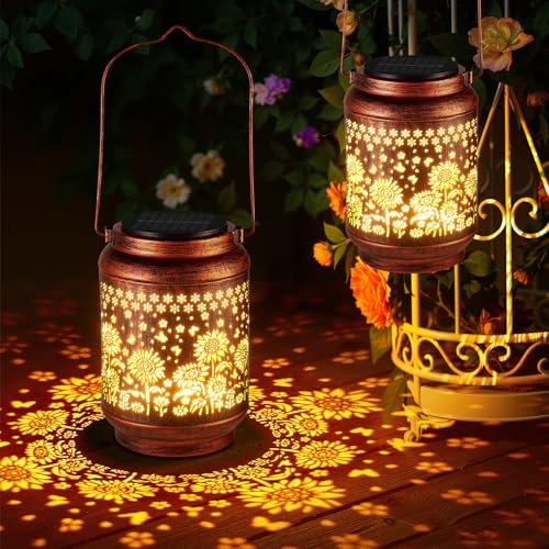 KOOPER 2 Pack Solar Lanterns Outdoor Waterproof Mothers Day Gifts for Women Mom Grandma, Metal Sunflower Hanging Solar Lantern Outdoor, 2 Modes Outdoor Decoration for Yard, Patio, Garden, Porch - size: Bronze, style: Sunflowers