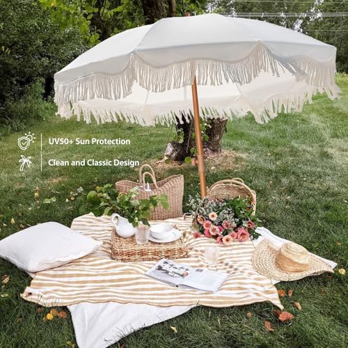 AMMSUN Boho Fringe Umbrella Outdoor Patio, 6.5ft UPF50+ Picnic Umbrella with Tassels with Steel Pole and Push Button Tilt, Antique White - color: Antique White