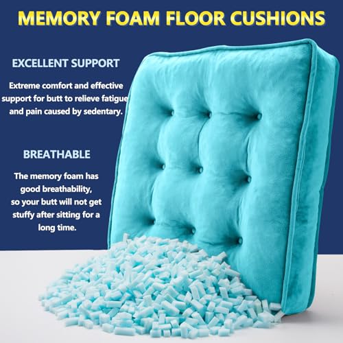 1 MIDDLE ONE Floor Pillow Set of 2, Memory Foam Meditation Cushion, Floor Cushions for Adults Sitting, Large Square Seat Cushions for Yoga, Couch, Sofa, Kids, Living Room, 20x20 Inch (Blue) - color: Blue, size: 20x20 Inch(Pack of 2)
