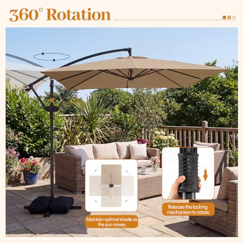 Tangkula 8x8 FT Patio Umbrella with Base Included, Square Offset Cantilever Outdoor Umbrella with 360 Degree Rotation, Crank Handle, Sandbags, 8 Ribs for Pool Deck Garden Backyard - color: Tan, size: 8 FT