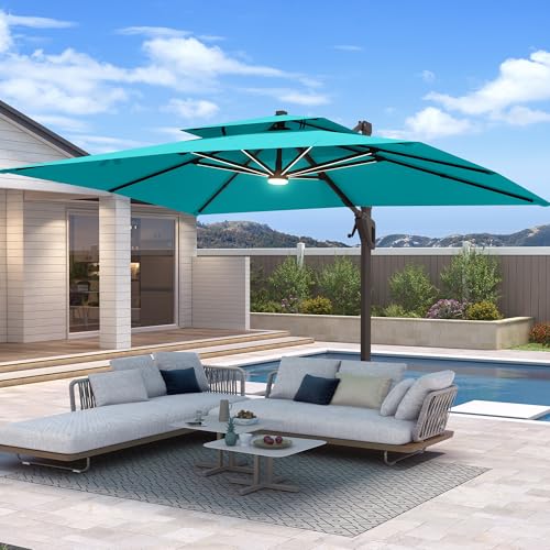 10 X 13 FT Cantilever Patio Umbrella with Base Included & Led Lights Outdoor Rectangle Offset Large Double Top Heavy Duty Umbrellas 360°Rotation for Pool Deck Backyard, Turquoise Green - color: Turquoise, size: 10×13 FT with Base