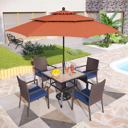 PHI VILLA 5 Piece Outdoor Dining Set with Umbrella for 4, 37" Square Metal Wood-top Table & Wicker Rattan Chairs with Cushions & 10ft Red Umbrella, Dining Furniture for Patio, Deck, Backyard, Porch - color: Red, size: 5PCS 37" Wood-top Table
