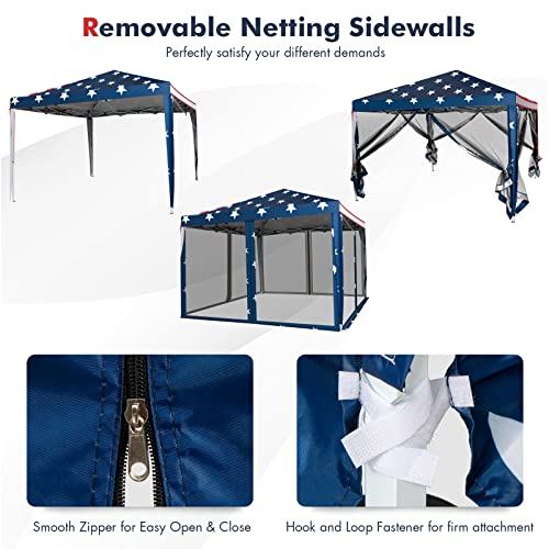 Tangkula 10x10 Ft Pop Up Canopy with Netting, Easy Up Canopy with Mesh Sidewalls, Carrying Bag, Adjustable Height, American Flag Outdoor Canopy with 100 Square Feet of Shade for Backyard, Lawn - color: Mix