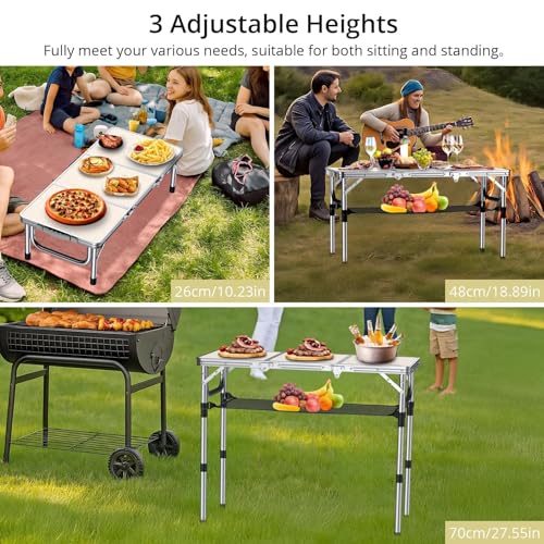 Anbte Folding Camping Table with Storage Net, 3ft Camping Table Aluminum Folding Table with 3 Adjustable Height Max 27.1 Inch, Portable, for Outdoor Backyard BBQ, Silver - color: Silver