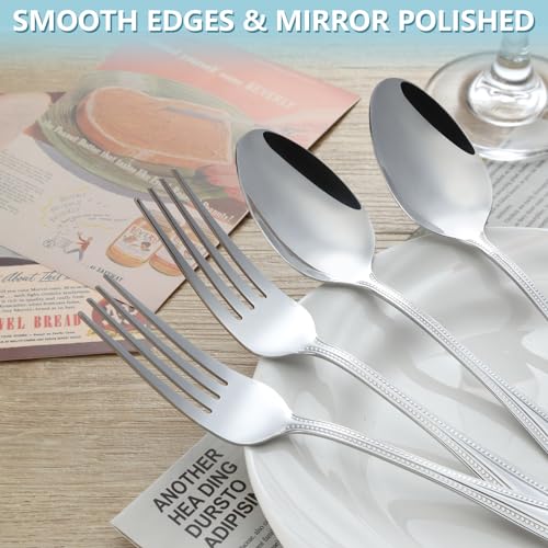 24 PCS Spoons and Forks Set, Food Grade Stainless Steel with Pearl Dot Design Handle Silverware Set, Mirror Polished Dishwasher Safe, Silverware Forks and Spoons for Home or Restaurant - color: Metallic Silver