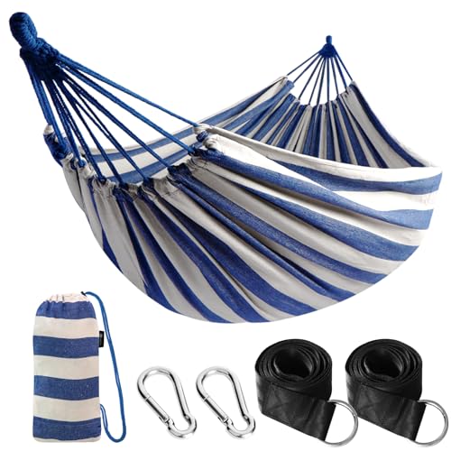 ANYOO Cotton Hammock Portable Camping Hammocks for Hanging Sturdy Garden Comfortable Fabric Hammock with Tree Straps Up to 660lbs with Travel Bag for Camping Outdoor/Indoor Patio Backyard - color: Blue/White