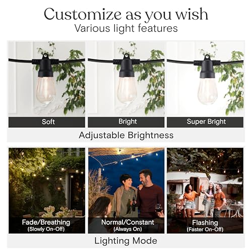 Brightech Solar String Lights with 48 Hanging Edison Bulbs and Brightness Controls with Remote 7W-104 3000K - style: Super Bright (7W) Remote Control 104 FT
