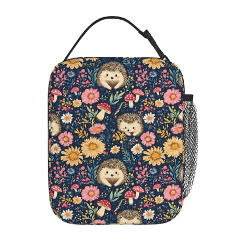 Reusable Hedgehog and Floral Lunch Box for Kids Girls Boys Women Adult, Insulated Cute Woodland Lunch Bag,Polyester Cooler Handbags Case for School Picnic Work Travel Beach or Hiking - color: Hedgehog