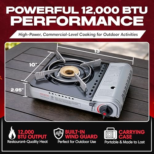 Chef Master 12,000 BTU Portable Butane Stove - Gas Burner for Camping & Outdoor Cooking - Countertop Cooktop with Carry Case, Wind Guard & Electronic Ignition - Portable Cooker & Burner Stove – 90235 - size: Stove Only