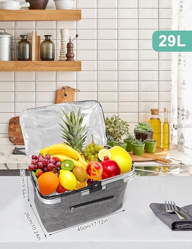 Large Picnic Basket Insulated, Foldable Shoping Basket Cooler Bag, Leakproof Picnic Baskets with Handle and Lid for Camping Outdoor Birthday Lunch BBQ Travel Beach(Gray, 17.7x10.2x9.8in) - color: Gray, size: 17.7 x 10.2 x 9.8 in