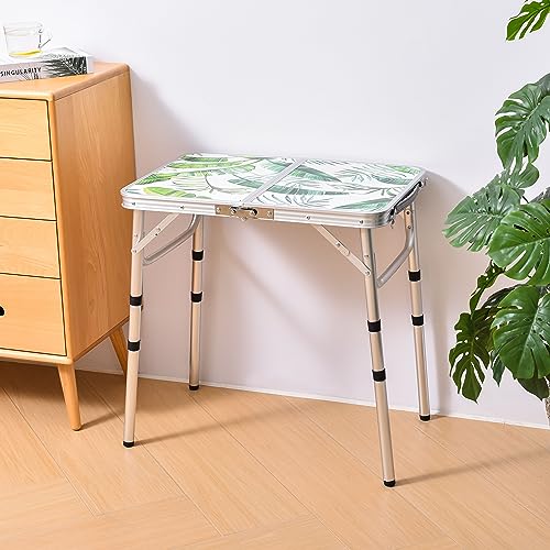 Folding Camping Table 2ft Portable Pinic Table Adjustable Height Small Card Table Aluminum Foldable Lightweight with Carry Handle for Outdoor Indoor Hiking Camp BBQ Beach (Monstera Palm Leaves) - color: Monstera Palm Leaves, size: 24"l X 16"w X 24"h