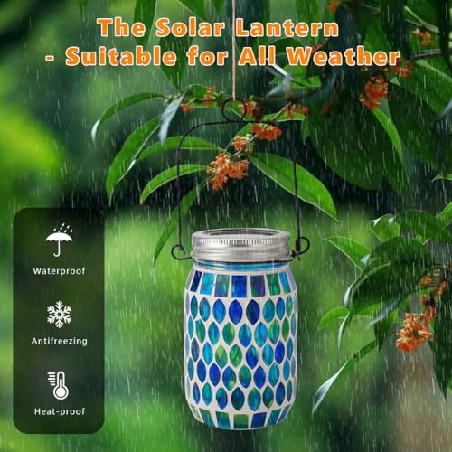 Starsoul Solar Lanterns Outdoor Waterproof, Decorative Teal Mosaic Glass Outdoor Lantern, Hanging Solar Garden Lights for Outside Pathway Patio Porch Yard Table, Gifts for Women Mom Grandma - color: Teal