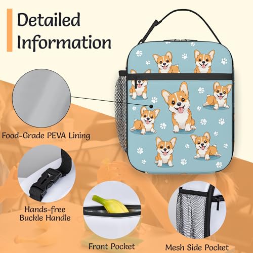 Cute Corgi Dog Reusable Lunch Bag,Blue Paw Prints Insulated Lunch Box with Side Pockets for Girls Boys Women Portable Thermal Cooler Bag for Teens School,Work,Picnic,Beach - color: Cute Corgi Dog