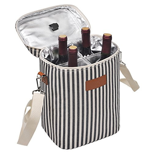Tirrinia 4 Bottle Leakproof Insulated Wine Carrier Tote Bag - Padded and Portable for Travel, Restaurants, Tastings, Parties - Great Gift for Wine Lovers, Stripe Pattern - color: Blue Stripe, size: 4 Bottle-without front pocket