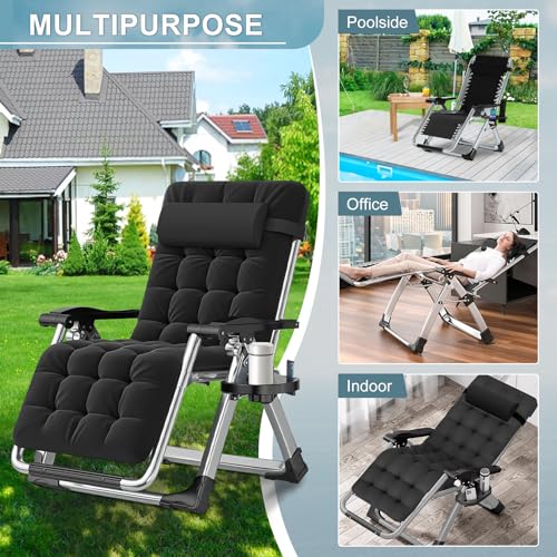 ABORON Zero Gravity Chair,Premium Outdoor Lawn Folding Lounge Chairs,Sturdy Adjustable Reclining Patio Chairs with Removable Cushion,Headrest & Tray - color: A Dark Black