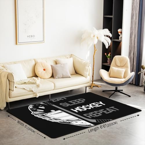 Hockey Area Rug 5x7 for Kids Boys Teens,Black Grey Eat Sleep Hockey Indoor Floor Mat Non Slip,Ice Hockey Player Carpet Bedroom Decor,Graffiti Winter Sports Game Area Runner Rug - color: Color 20, size: 4'11" x 6'6" (Rectangular)