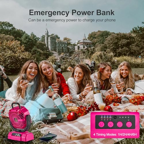 Odoland Portable Camping Fan with LED Lantern, 20000mAh Rechargeable Battery Powered Fan with Auto Oscillation, Timer, Remote, 360° Rotation Hook, 4 Speeds for Power Outage Travel Home, Pink - color: Pink