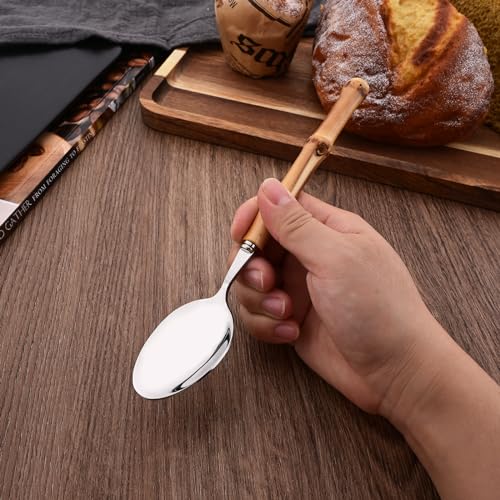 Bamboo Handle Silverware Set, 24-Piece Flatware Set for 6, Stainless Steel Cutlery Eating Utensils Include Forks Spoons and Knives for Daily Use and Party, Reusable and Modern Design - color: 24-Piece Service for 6