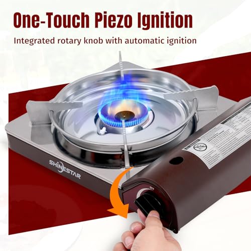 SHINESTAR 14000 BTU Butane Camping Stove, Portable Butane Stove with Brass Burner, One-Touch Piezo Ignition, Magnetic Safety Lock & Double Wind-Guard, Portable Gas Stove for Camping, RV, Emergencies - color: Brown - 14000 BTU Butane with Windscreen