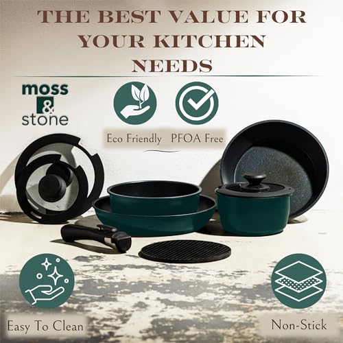 Moss & Stone Aluminum Pots And Pans Set Nonstick, Removable Handle Cookware, Stackable , Dishwasher Safe, Induction Camping Cookware Set. (10 Pieces Blue) - size: 10 Pcs Blue